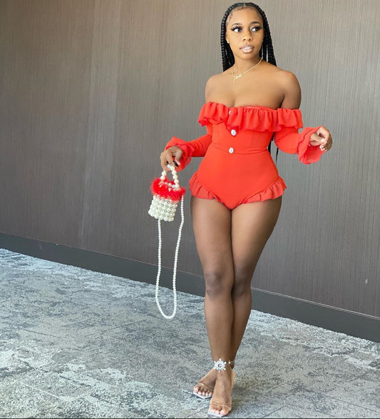 “I Am Sexy” Off-the-Shoulder Ruffled Mesh Panel Jumpsuit