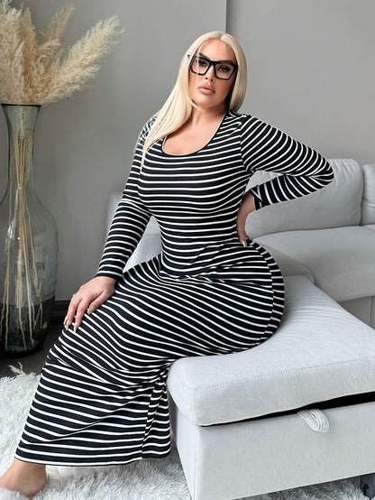 Thick & Sexy Elegant Long Sleeve Maxi Dress - Black & White Striped Vertical Pinstripe Formal & Semi-Formal Outfits, Round Neck Long Sleeve A-Line Silhouette, Machine Washable Winter Warmth, Plus Size Curvy
