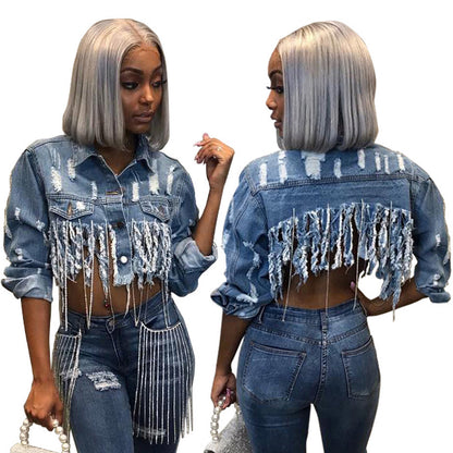 Watch Her Drip – Fashion Women’s Cropped Denim Jacket Top
