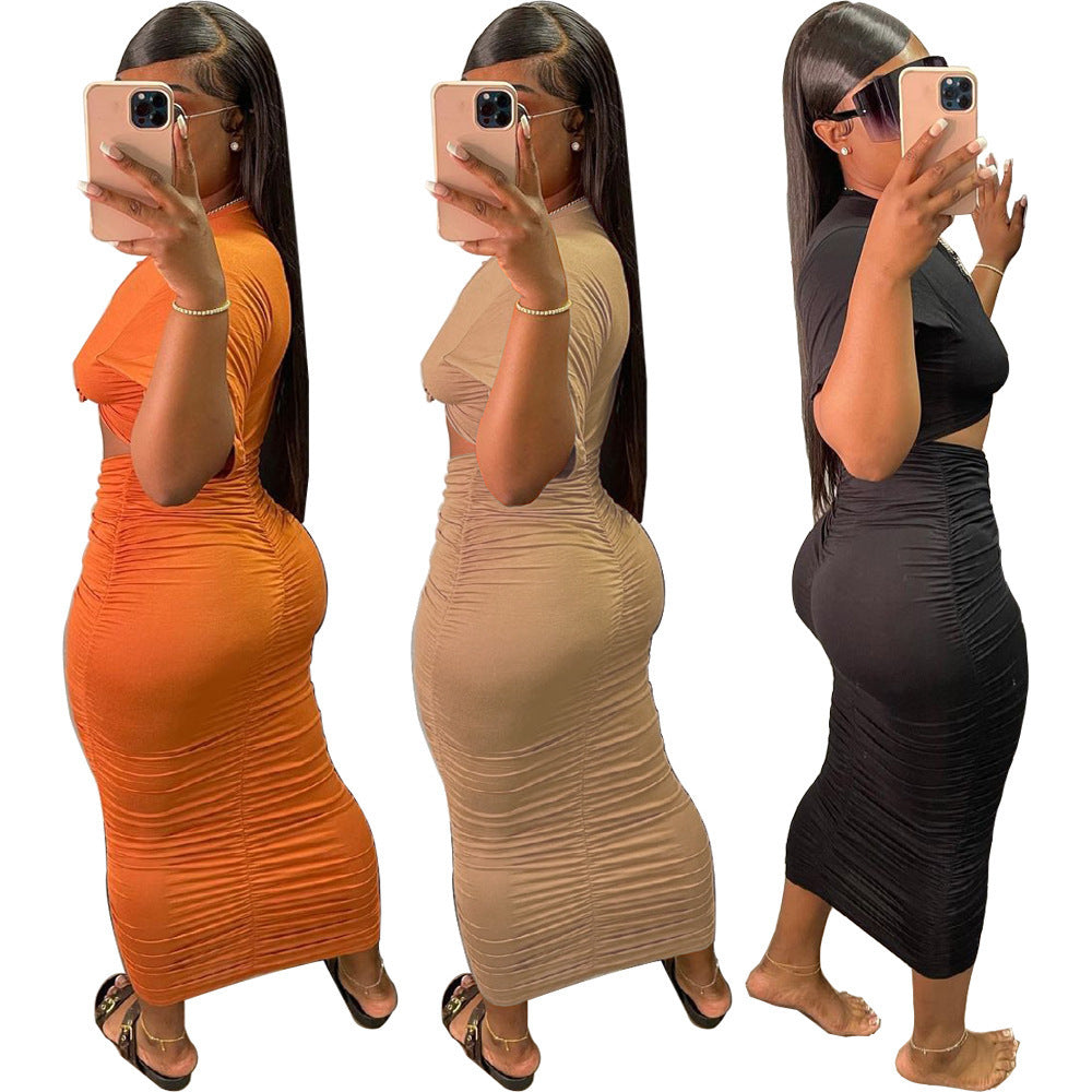 Women’s Short Sleeve Pleated Dress Set – Chic Matching Outfit