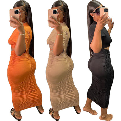 Women’s Short Sleeve Pleated Dress Set – Chic Matching Outfit