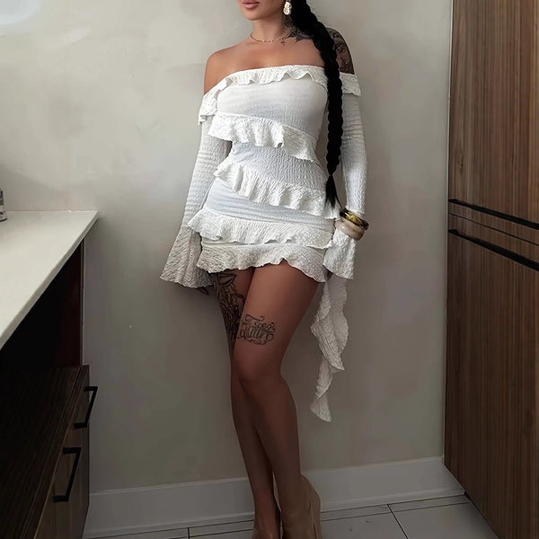 Pretty In White Sexy Off-the-Shoulder Ruffled Long Sleeve Dress – High-End Elegance ✨