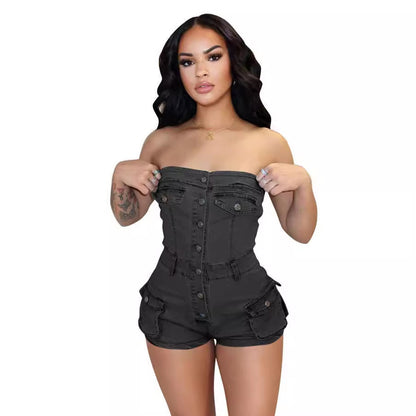 Not Just a Pretty Face – Denim Tube Top Stretch Jumpsuit for Women