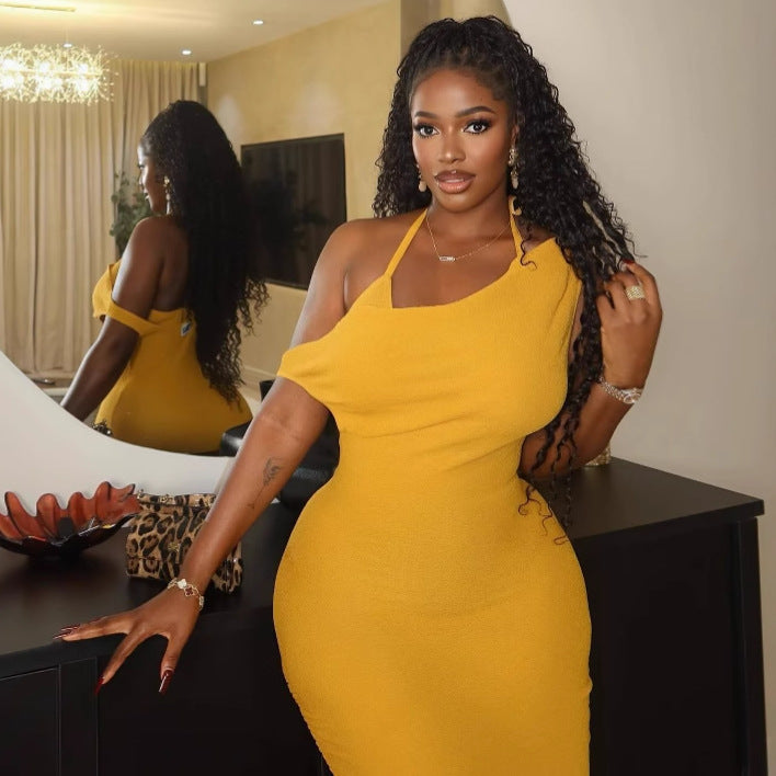 Somebody Fine Momma New Fashion Sexy Slant Neck Backless Dress Women