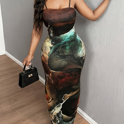 Sexy Fitted Maxi Marble Print Cami Dress – Body-Hugging, Sleek & Eye-Catching