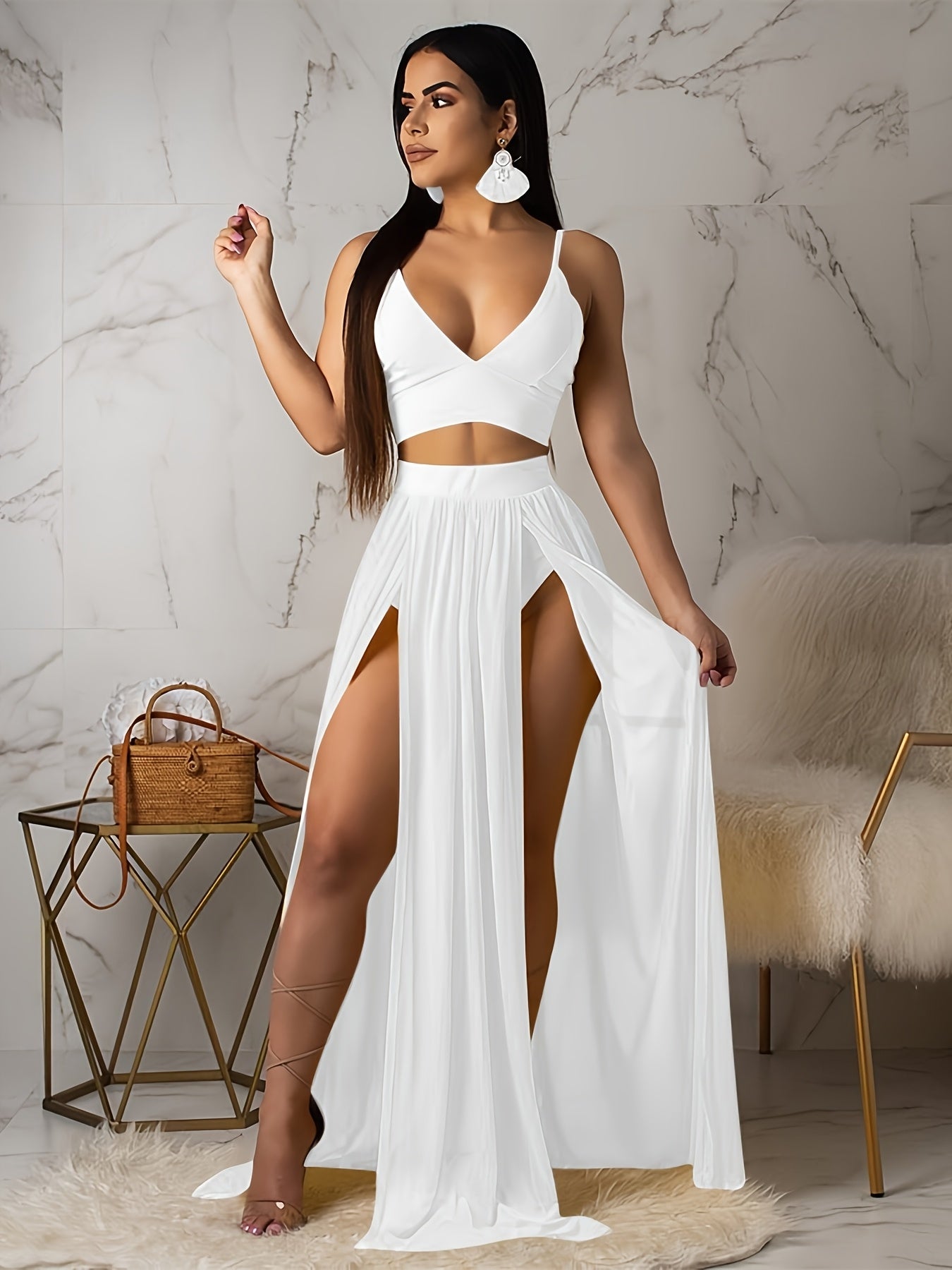 Goddess Energy 2-Piece Sexy Skirt Set – Strap Bra Crop Top &amp; High Split Chiffon Skirt 💋✨