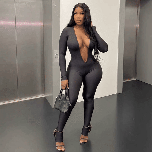 New Natural Body Fashion Sexy Backless Deep V Long Sleeve Solid Color Tight Jumpsuit
