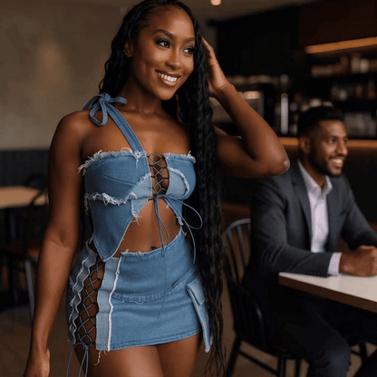Women's Sexy Denim 2 Piece Skirt Set Halter Lace Up Crop Top + Mini Skirt Nightclub Festival Outfit Y2K Streetwear Club Set S–2XL