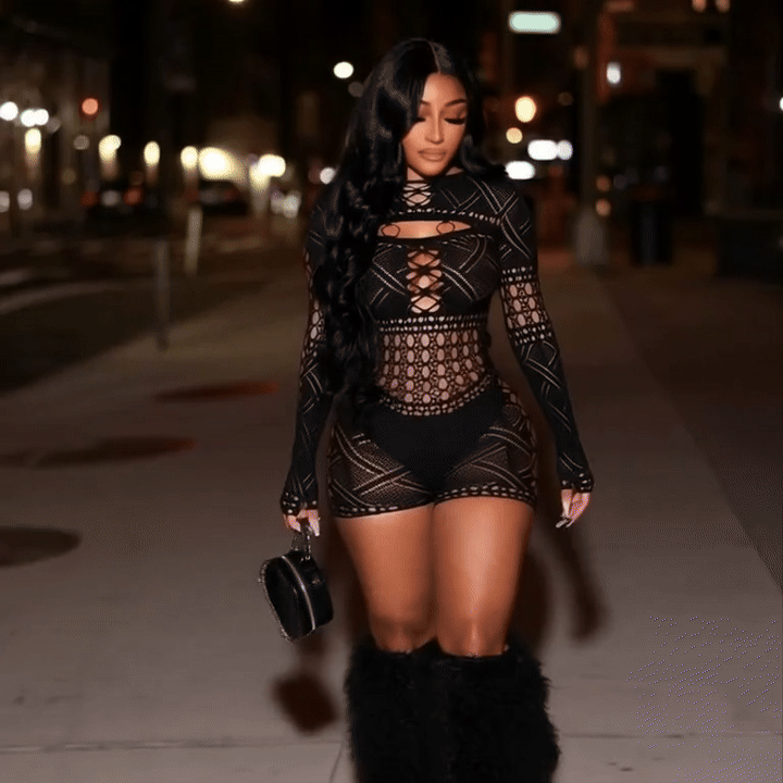 Women’s Sheer Long Sleeve Jumpsuit — Hollow-Out Mesh Club Romper