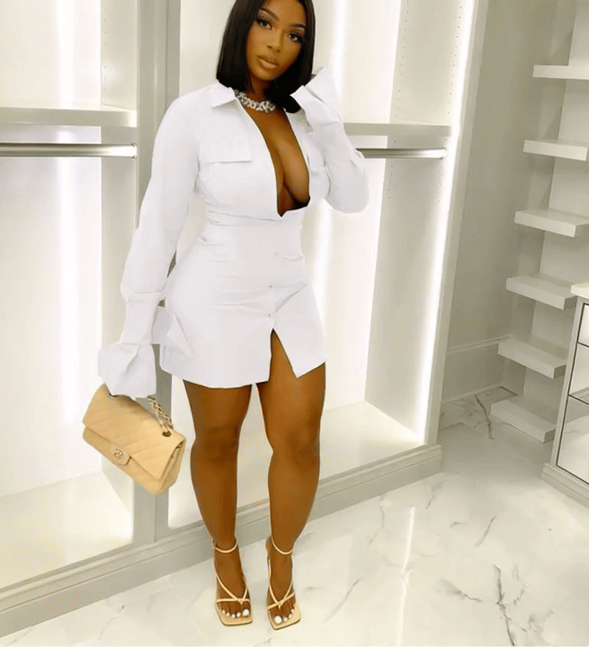 Single-Breasted Lapel Shirt Dress — A-Line Bodycon Long-Sleeve Mini Dress