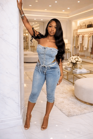 Denim 2-Piece Set – Strapless Lace-Up Crop Top & Calf-Length Pants