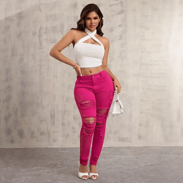 Autumn Rose Red Distressed Jeans – Body-Hugging Denim Pants