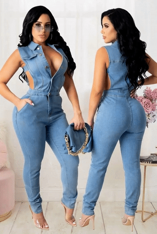 Retro Spliced Denim Overalls – Slim-Fit Jean Jumpsuit