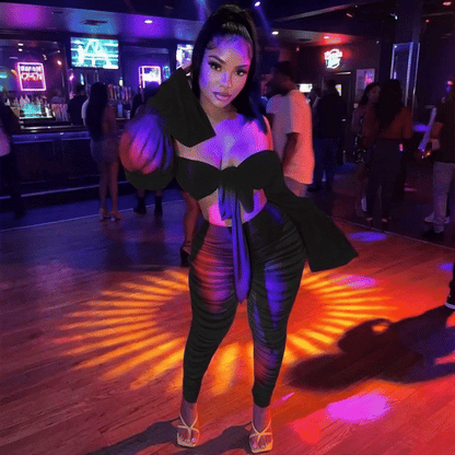 Women’s Off-Shoulder Bell Sleeve Top & Mesh Pleated Pants Set