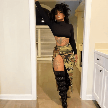 Autumn & Winter Camouflage Washed Flap Pocket Pants with Slit Tassel Skirt – Stylish Women’s Streetwear