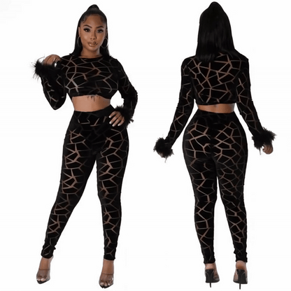 Celebrity-Inspired Matching Set – Faux Fur Sleeve Top & Bottoms