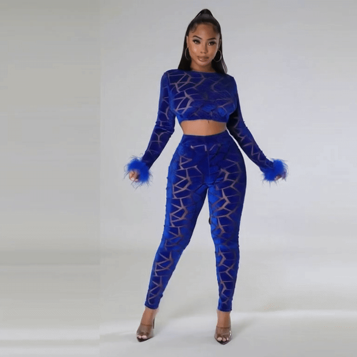 Celebrity-Inspired Matching Set – Faux Fur Sleeve Top & Bottoms