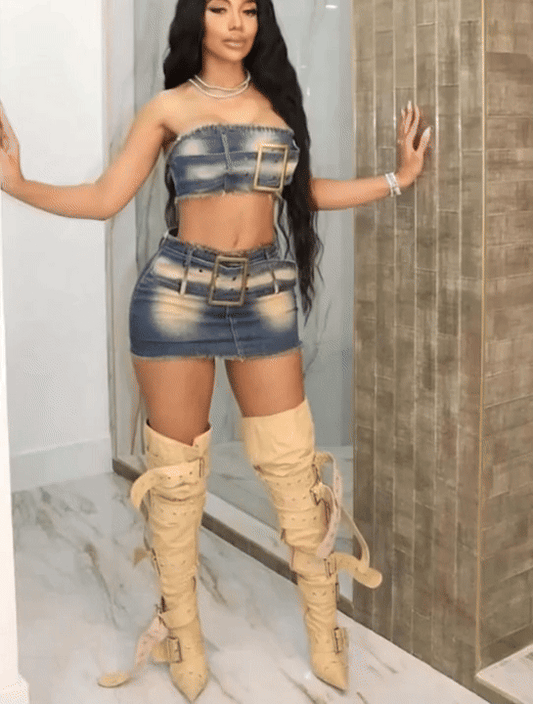 “She So Sexy” Fashion Denim Two-Piece Set — Strapless Crop Top & Mini Skirt Outfit
