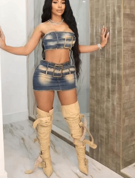 “She So Sexy” Fashion Denim Two-Piece Set — Strapless Crop Top & Mini Skirt Outfit