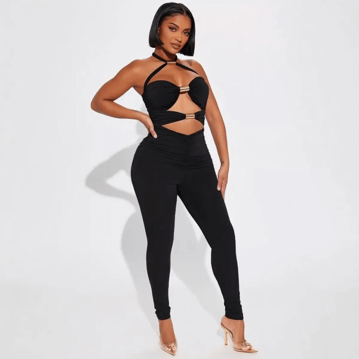 Sexy High-Waist Metal Tube Splice Jumpsuit for Women – Slimming Evening Wear Transoceanic Design