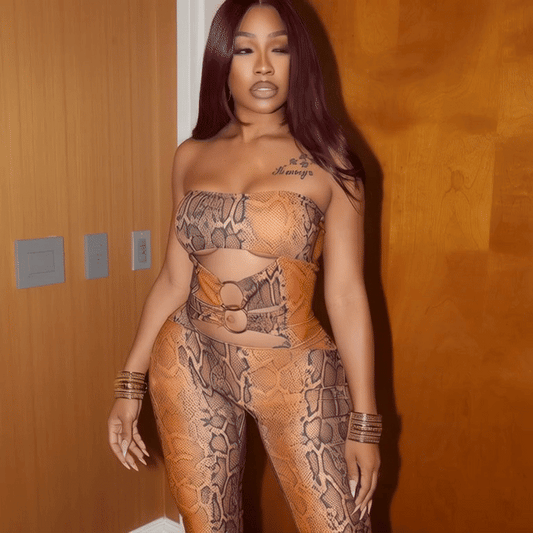 Sexy Snake Print Strapless Jumpsuit for Women – Hollow Metal Detail Stretch Overalls | Midnight Workout & Festival Outfit