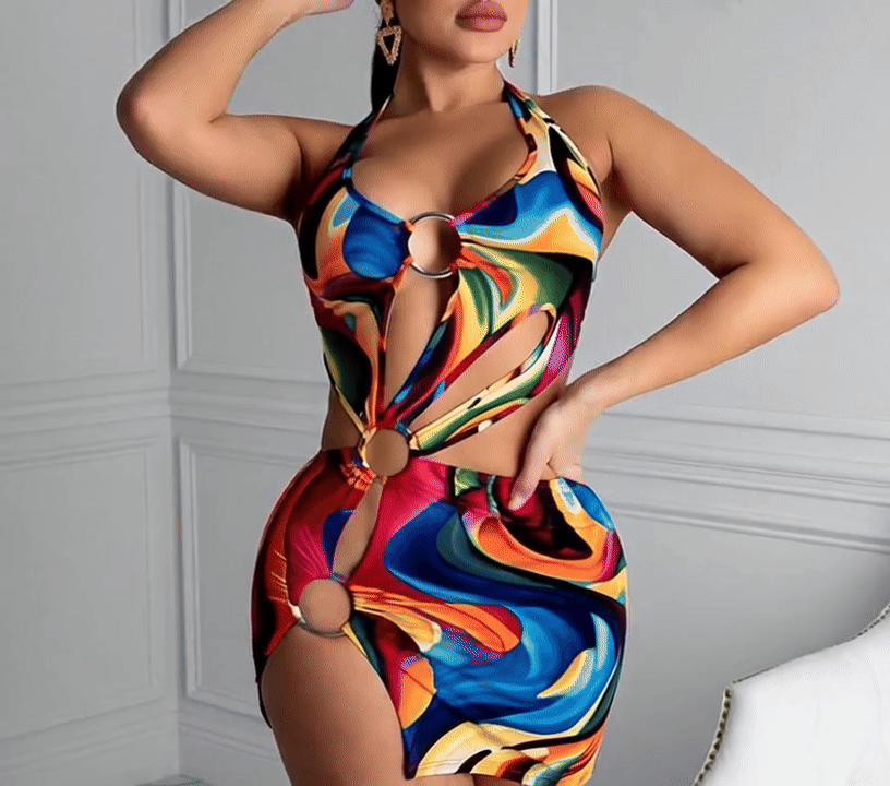 Color Passion Sexy Hollow-Out Halter Dress – Multicolor Backless Mini Party Dress