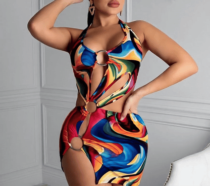 Color Passion Sexy Hollow-Out Halter Dress – Multicolor Backless Mini Party Dress