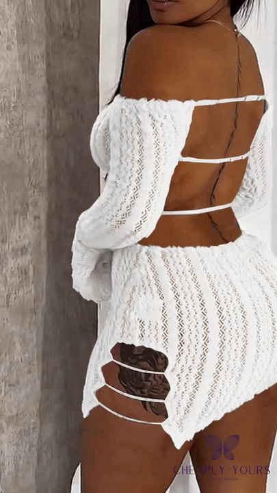 Off-Shoulder / One-Shoulder Long Sleeve Hollow-Out Mini Dress