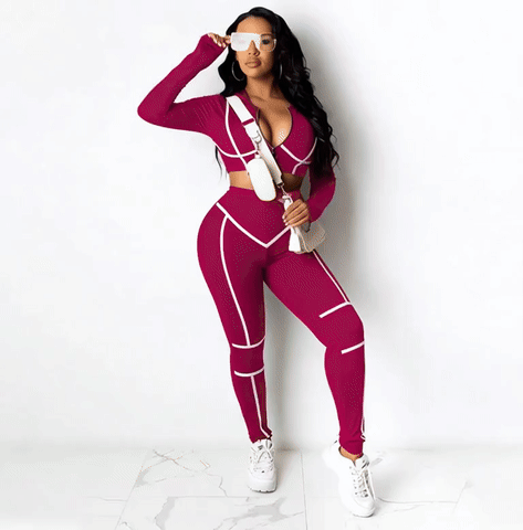 Zip-Front Round-Neck Sports Set – Tight Long-Sleeve 2-Piece Outfit