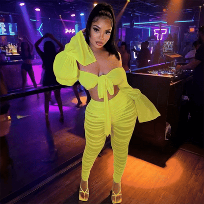 Women’s Off-Shoulder Bell Sleeve Top & Mesh Pleated Pants Set