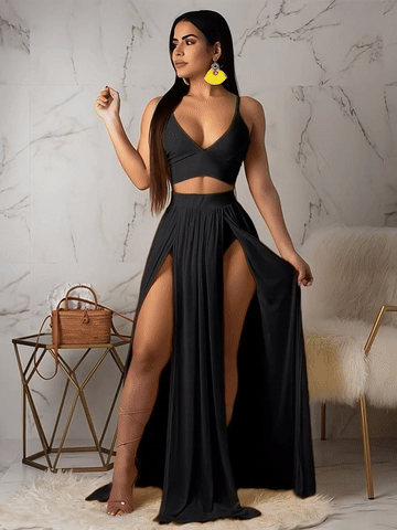 Goddess Energy 2-Piece Sexy Skirt Set – Strap Bra Crop Top &amp; High Split Chiffon Skirt 💋✨
