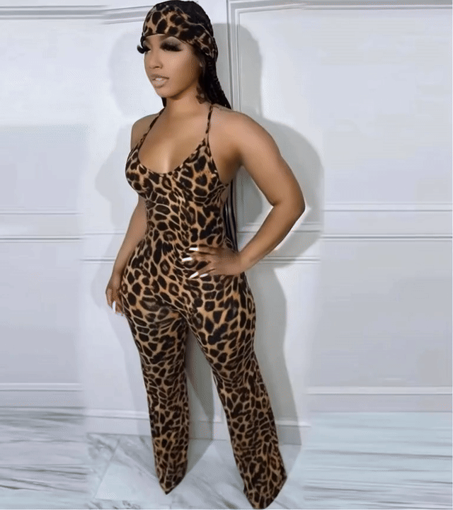 Sexy Leopard Print Jumpsuit for Women – Thin Strap Sleeveless V-Neck Wide-Leg Pants Playsuit with Scarf