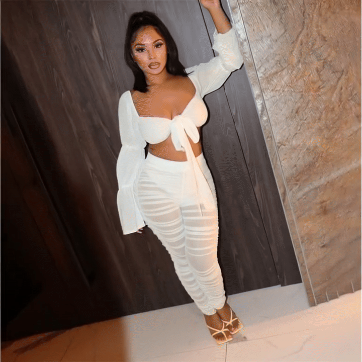 Women’s Off-Shoulder Bell Sleeve Top & Mesh Pleated Pants Set