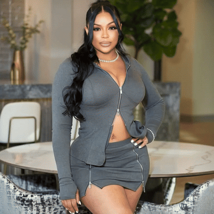 Simenual Y2K Aesthetics Streetwear Outfits Women Chic Double Zip Hoodie Tops Punk Package Hip Mini Skirt Slim 2 Piece Sets Fall