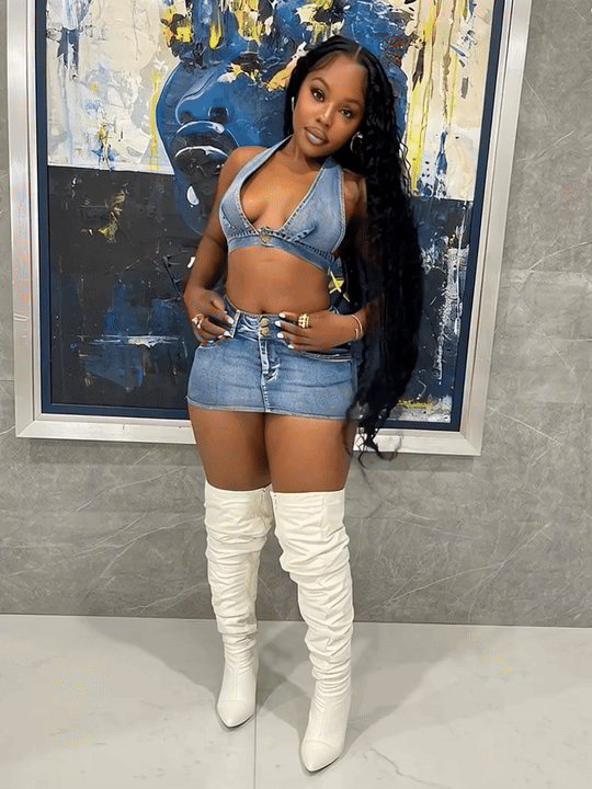 Women’s Denim Two-Piece Skirt Set — Halter Crop Top Vest & Mini Skirt Outfit