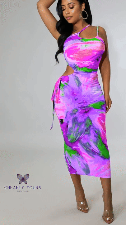 Color Passion Splashed Sexy Tie-Dye Bandage Midi Dress for Women – Spaghetti Strap Skew Neck Summer Party & Club Dress