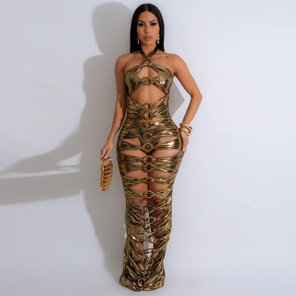 Sexy Open-Back Metallic Mini Dress & Panty Set