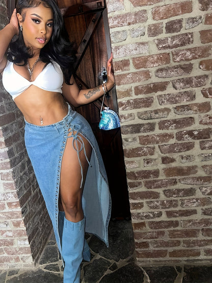 Women's High-Waisted Light Wash Blue Distressed Denim Jumpsuit Dress with Side Slit & Drawstring Tie - Street Style Full-Length Outfit, Machine Washable for Spring/Summer/Fall, Casual to Formal Events (Tomboy Chic Look) - Ver