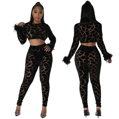 Celebrity-Inspired Matching Set – Faux Fur Sleeve Top & Bottoms