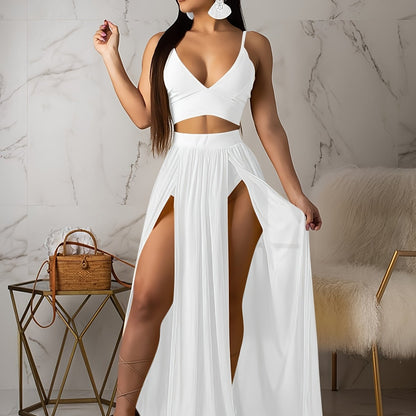 Goddess Energy 2-Piece Sexy Skirt Set – Strap Bra Crop Top &amp; High Split Chiffon Skirt 💋✨