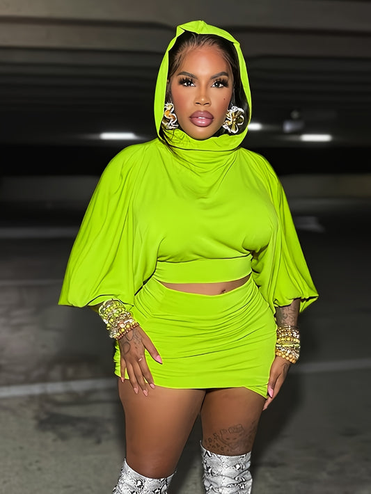 Thick and Sexy🍑 This Plus Size Hooded Crop Top + Ruffle Mini Skirt Set