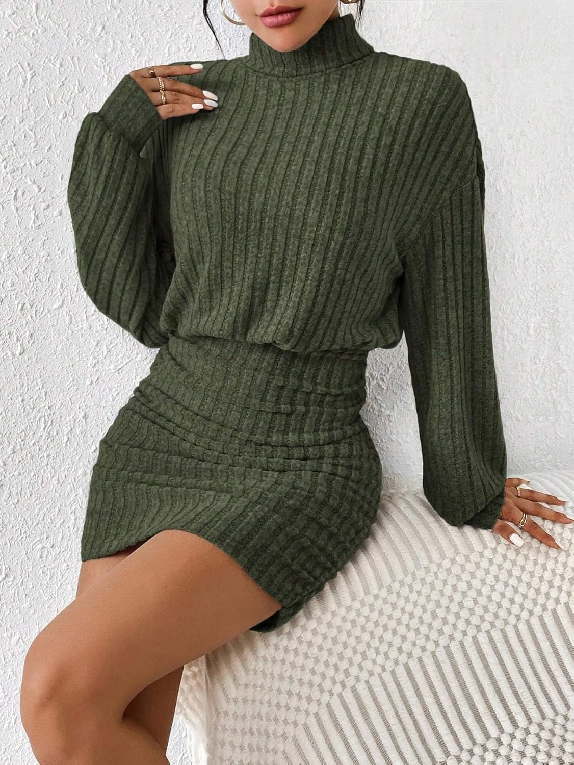 Women'S Pullover Sweater Dress Long Lantern Sleeve Turtle Neck Cute Ribbed Knit Bodycon Mini Short Dress 2025 Fall
