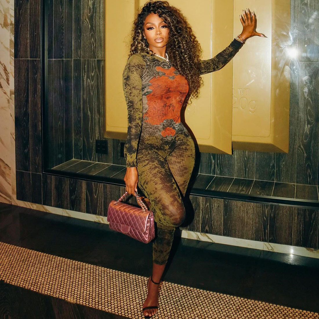 🔥 Women’s Printed Sexy Mesh Jumpsuit 🔥 High Waist • Slim Fit • Long Sleeve • Front Zipper